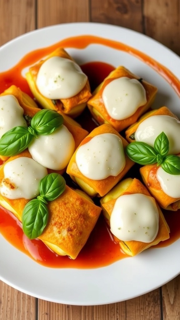 Zucchini rollatini with ricotta filling, topped with marinara sauce and mozzarella, garnished with basil.